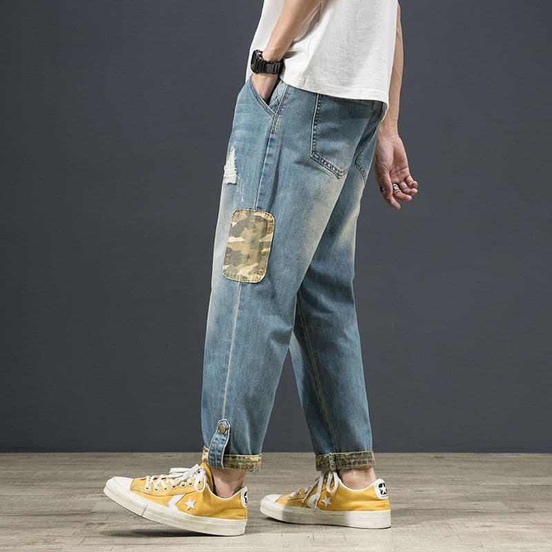 ❤Novidades❤ 2025 camuflagem Jeans rasgado masculino solto em linha reta tornozelo-perna calças versão coreana magro-ajus