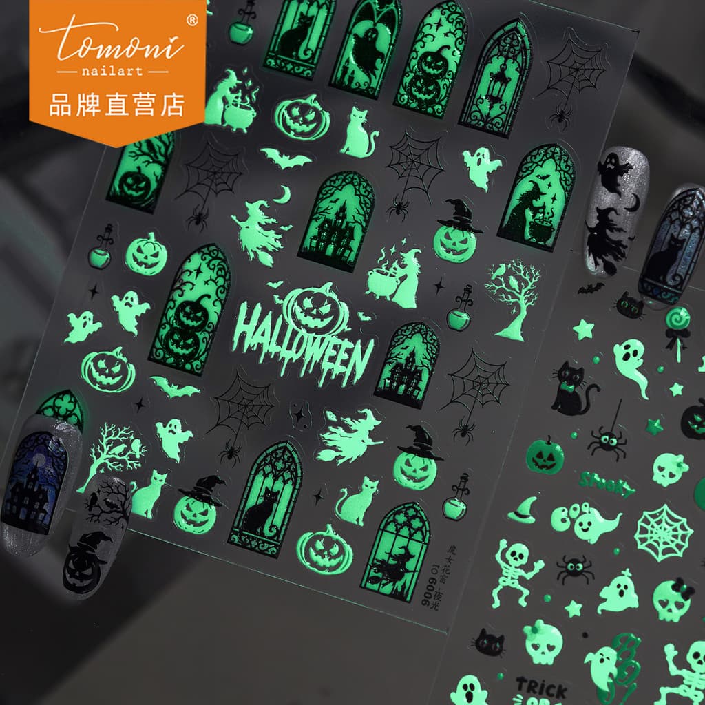[Meow.Sensei]tomoni Adesivos de Unha Luminosos Novos Brilhantes e Divertidos para Halloween Decoração de Unhas com Temas