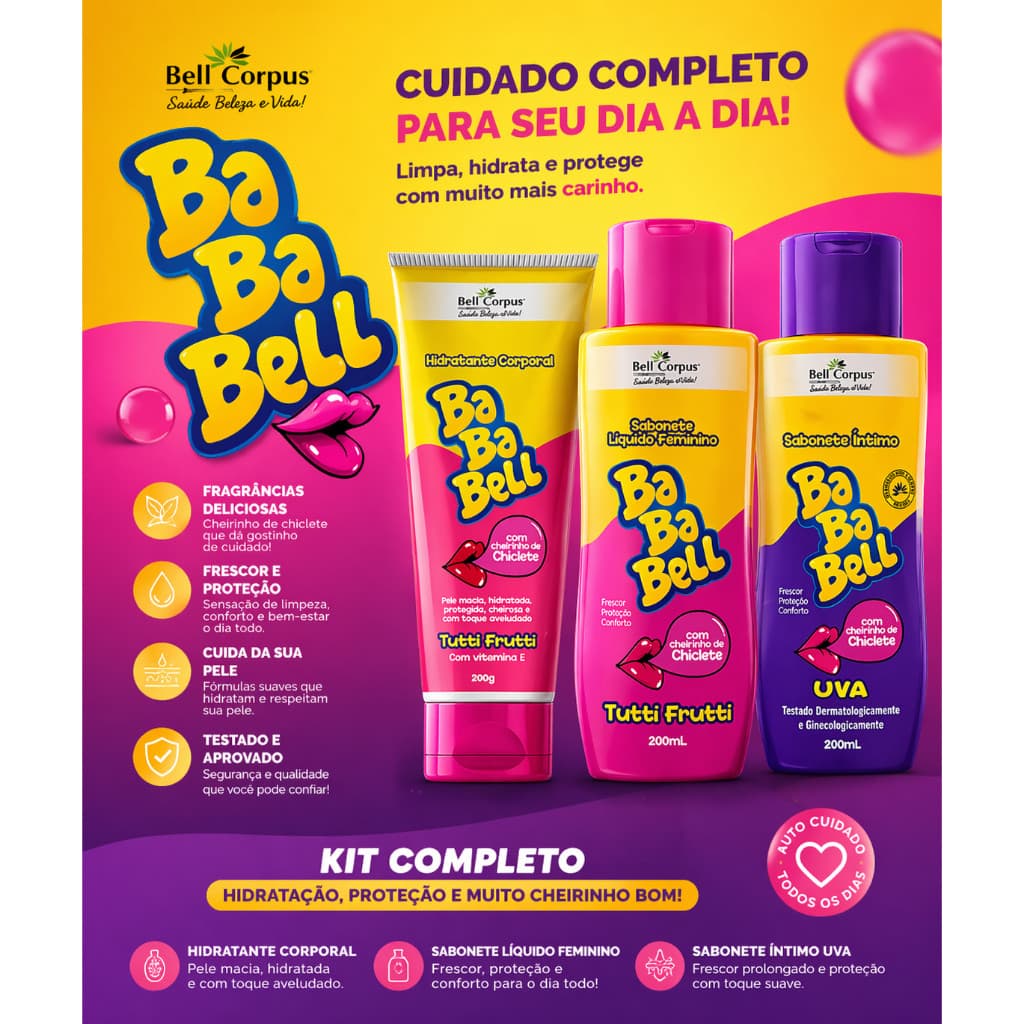 Kit Bababell Hidratante Corporal Tutti Frutti 200g + Sabonete Líquido Íntimo Tutti Frutti + Uva - 3 iten - Bell Corpus