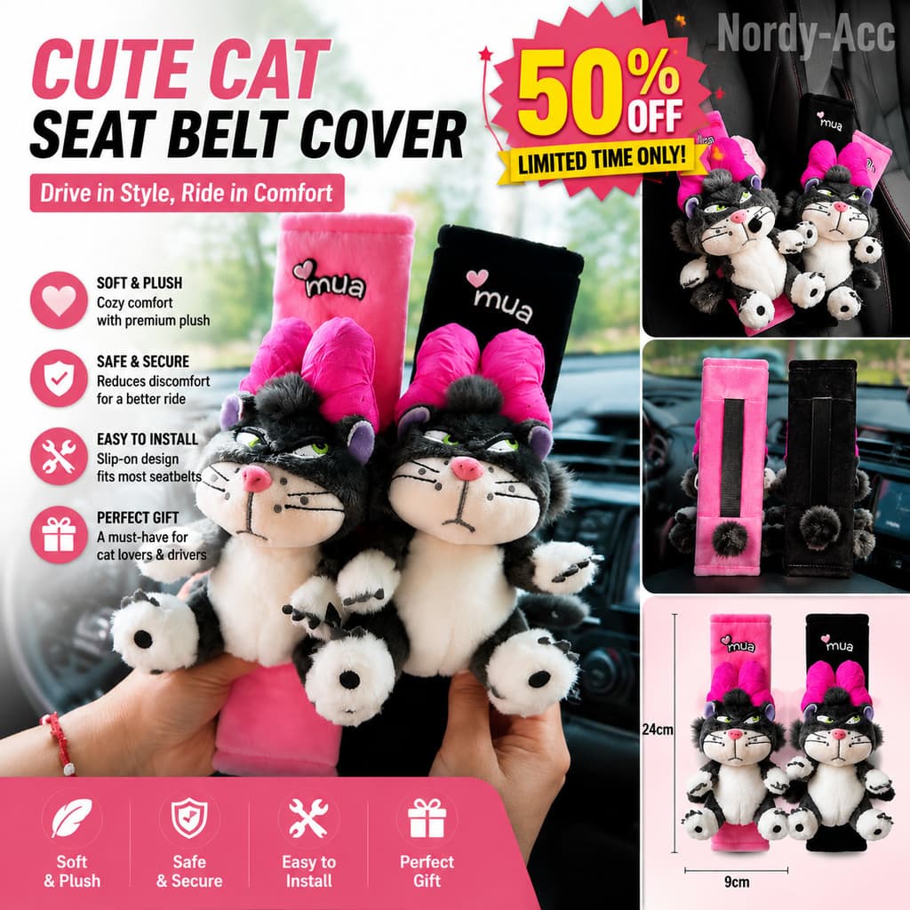 Capa De Ombro Para Cinto De Segurança De Carro Em Estoque Pronto Gato Pelúcia Desenho Animado Gatinho Almofada Protetora