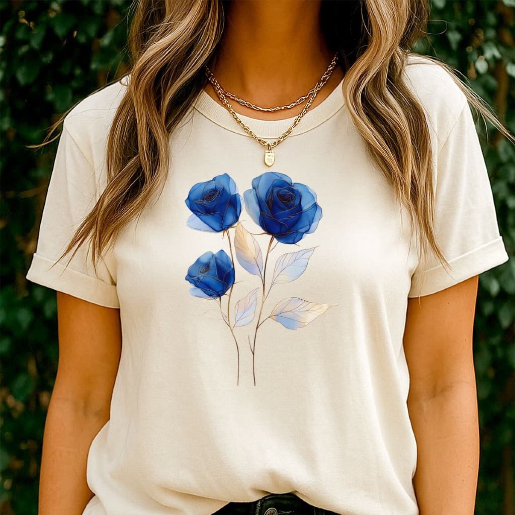 [Camiseta Premium em Algodão Puro]MIA Camiseta Feminina  Feminina Estampa Flores Azuis Camiseta Floral Exclusiva DTF