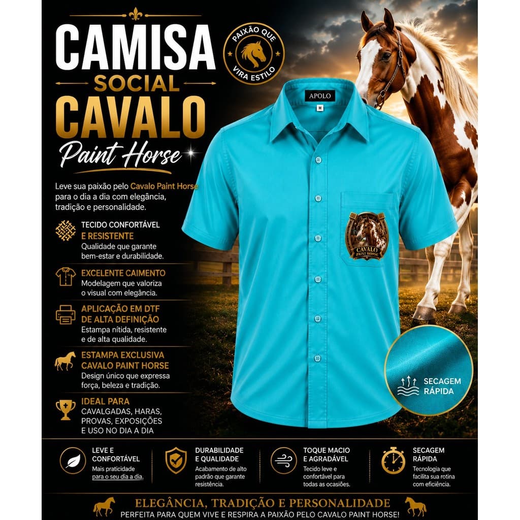 Camisa Social Personalizada Cavalo Paint Horse Microleve