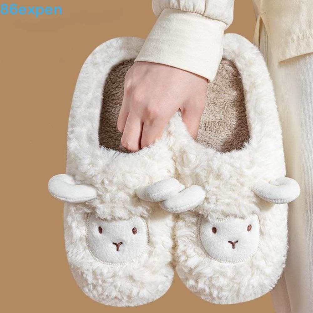 EXPEN1 Pantufas de Pelúcia de Ovelha, Estilo Cartoon Fofo para Mulheres, Calçados de Chão Espessos, Quentes e Antiderrap