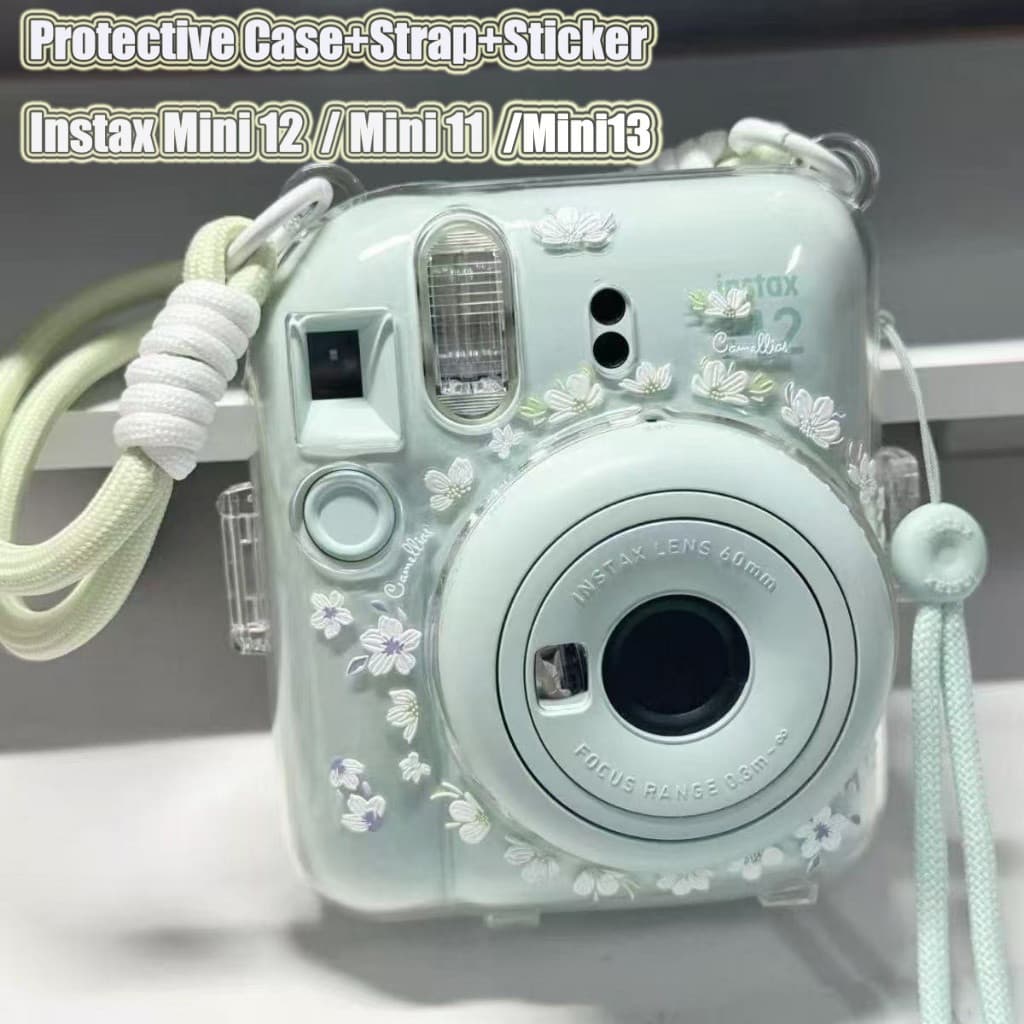 Pronta Entrega | [Novo] Capa Protetora Transparente para Instax Mini12 / Mini11/13 com Alça + Adesivos, Capa Protetora d