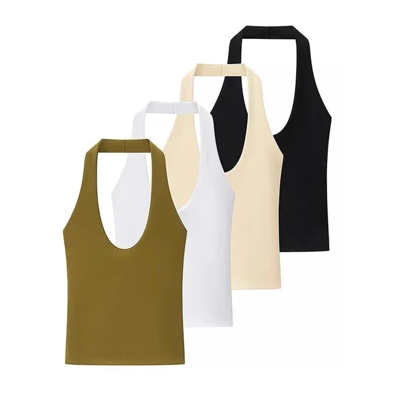 Novidade de Verão 2025: Top Básico Feminino de Cor Sólida com Decote Halter, Costas Abertas e Corte Justo, Versátil
