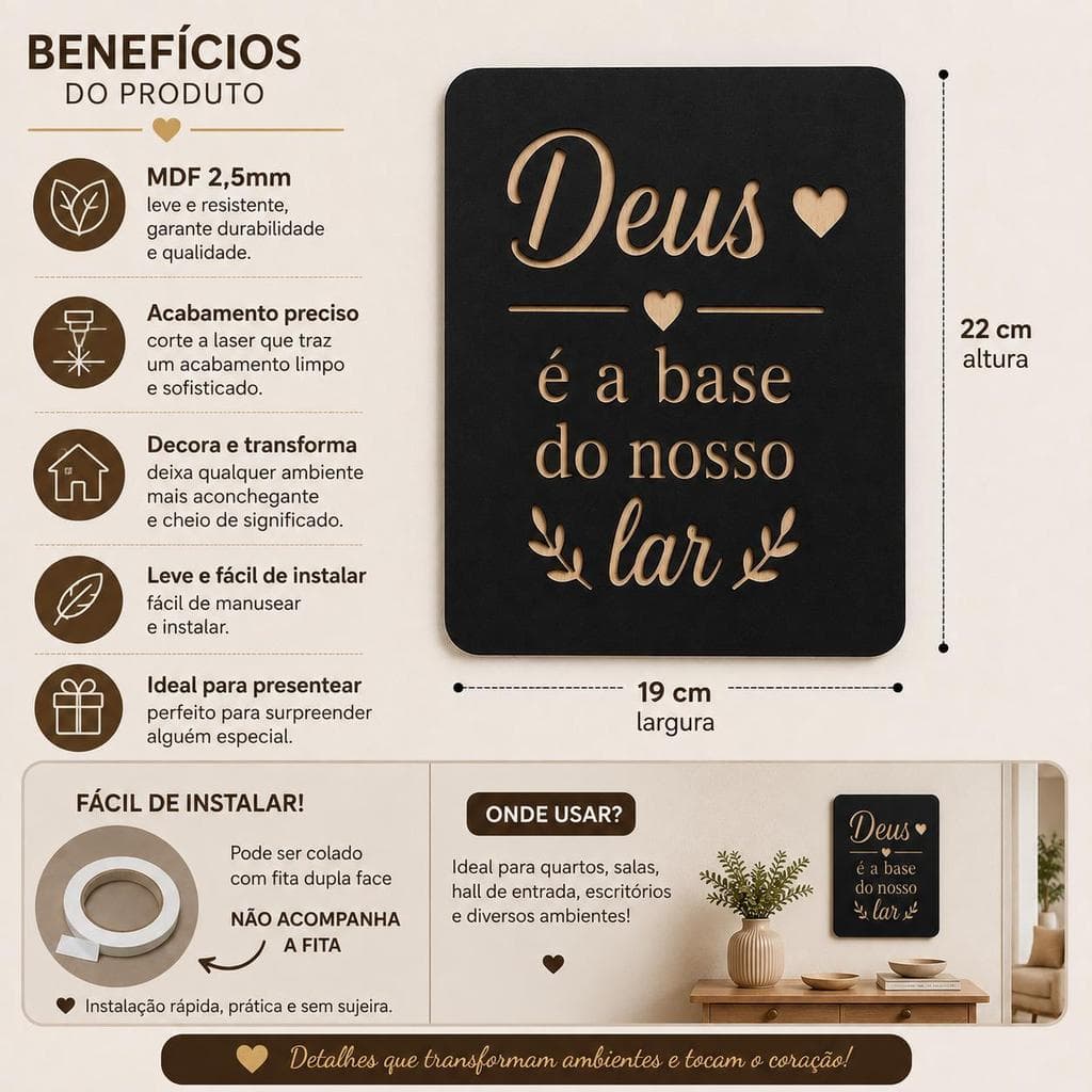 Quadro Decorativo MDF Deus Lar Fé Decoração Minimalista Sala Quarto Hall Entrada
