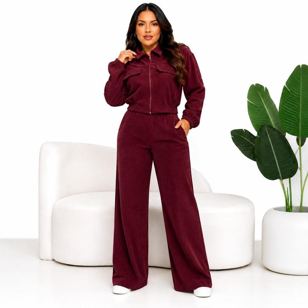 Conjunto Cotelê Feminino Moderno Calça Wide Leg + Jaqueta com Zíper para o Inverno