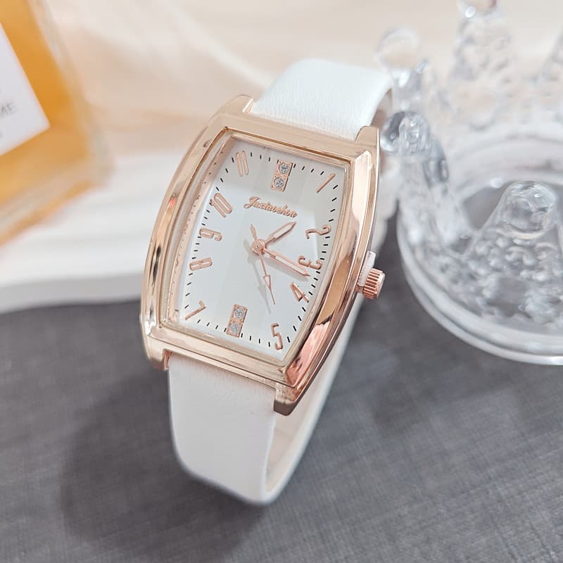 Elegante relógio de pulso feminino com pulseira de couro, formato barril e incrustações de diamantes, relógio de quartzo