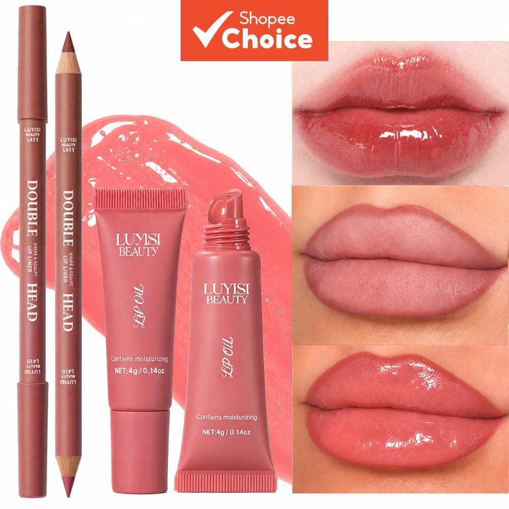 Conjunto de 2 Peças: Brilho Labial + Lápis Labial Marrom, Combo Hidratante e Brilhante para Lábios, Óleo Iluminador