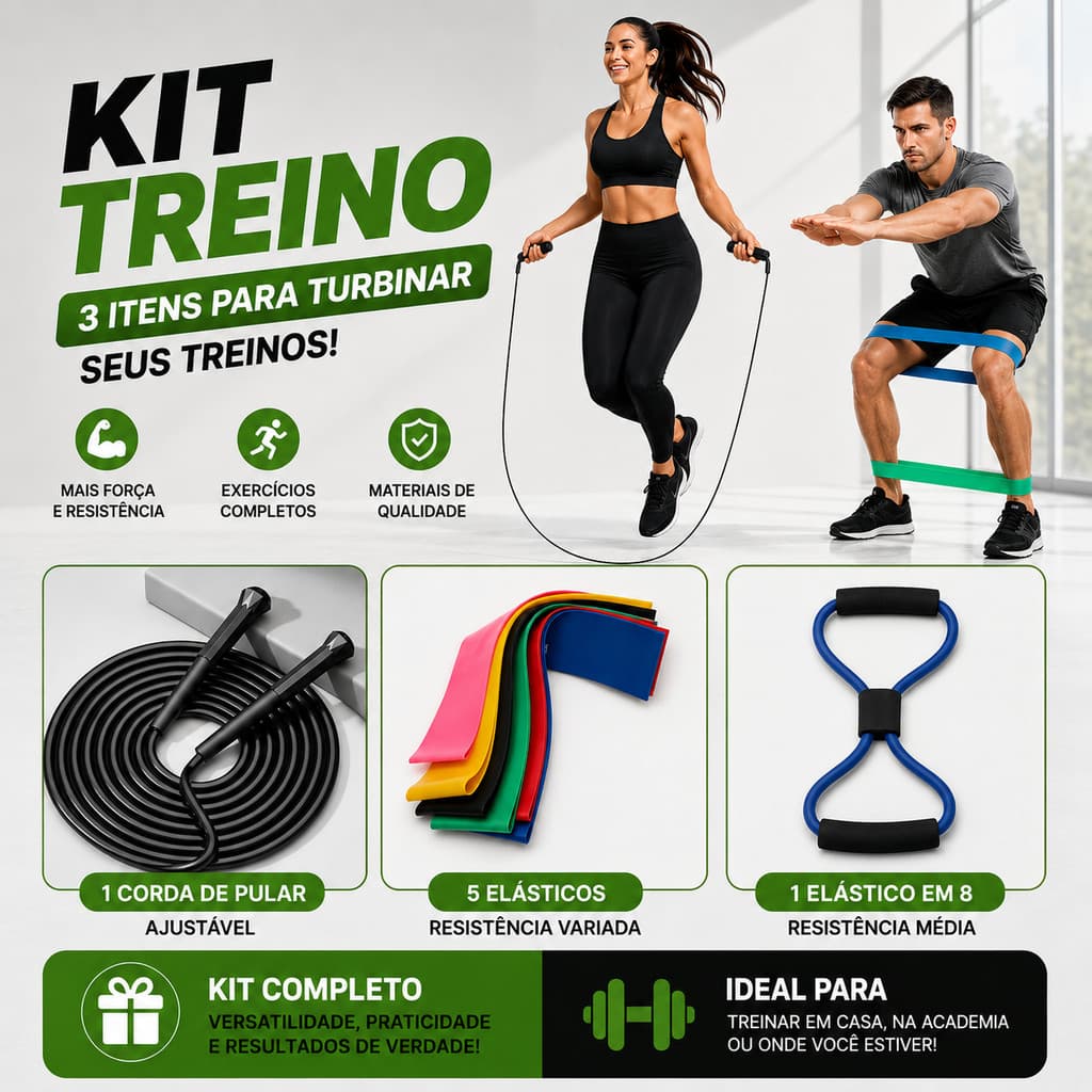 Kit Treino Em Casa Completo Elástico Extensor Cross Tube +Corda de Pular + Kit com 5 Faixa Mini Band