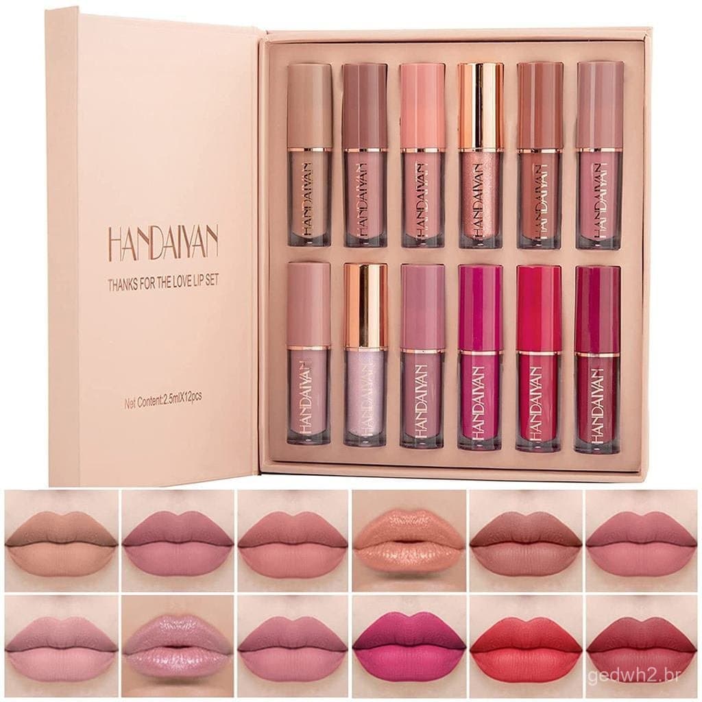 Conjunto de Batons Líquidos Matte e Brilhantes de 12 Cores – Kit de Presente em Formato de Livro para Mulheres e Meninas