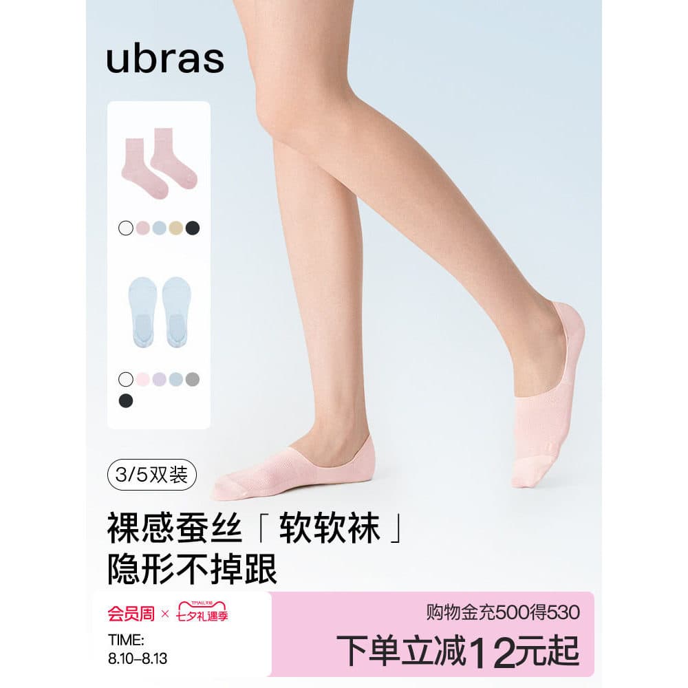 Ubras Lyocell Silk Boat Socks 7A Antibacteriano Respirável Confortável Meias Curtas Meias Invisíveis Antiderrapantes Mei