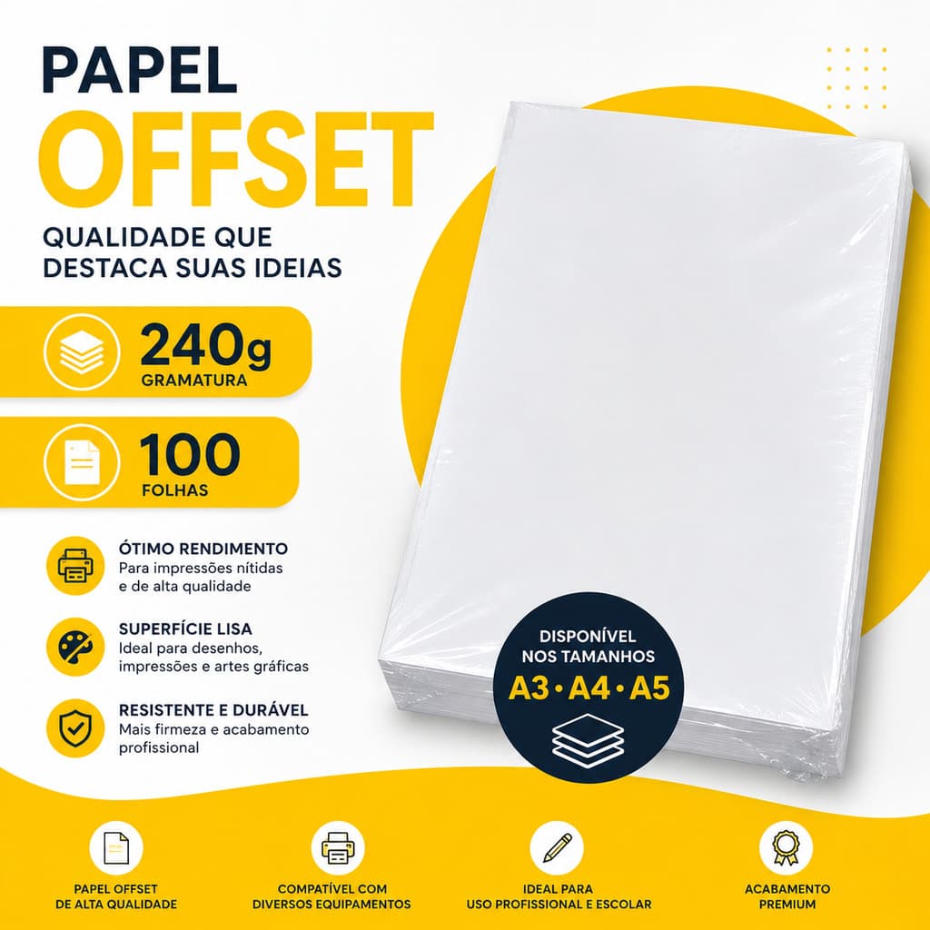 Papel Offset Branco 240g 100 Folhas A3 A4 A5 para Impressora Desenho e Trabalhos Gráficos