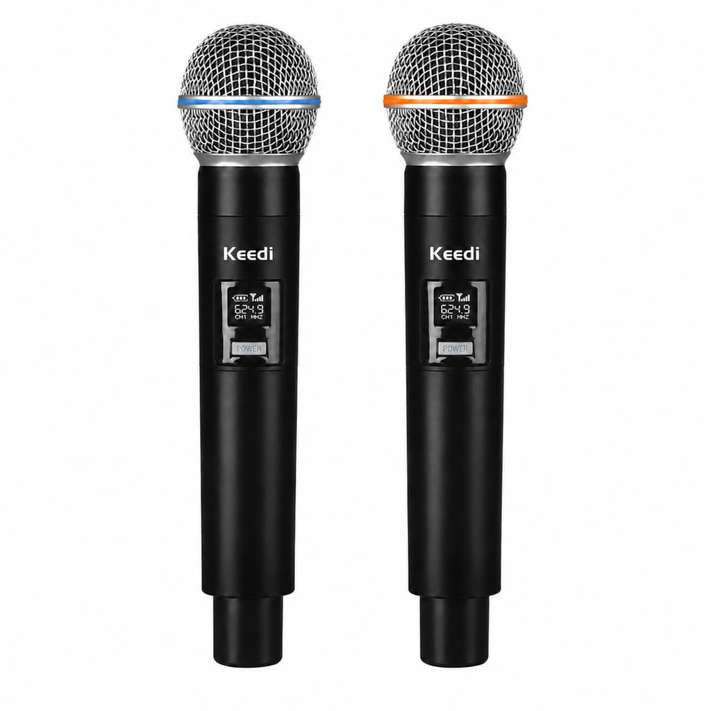 Microfone Sem Fio Duplo Digital Dinâmico 2.4GHz Recarregável Receptor P10 Alcance 40m Karaokê Eventos Keedi MIC-1033