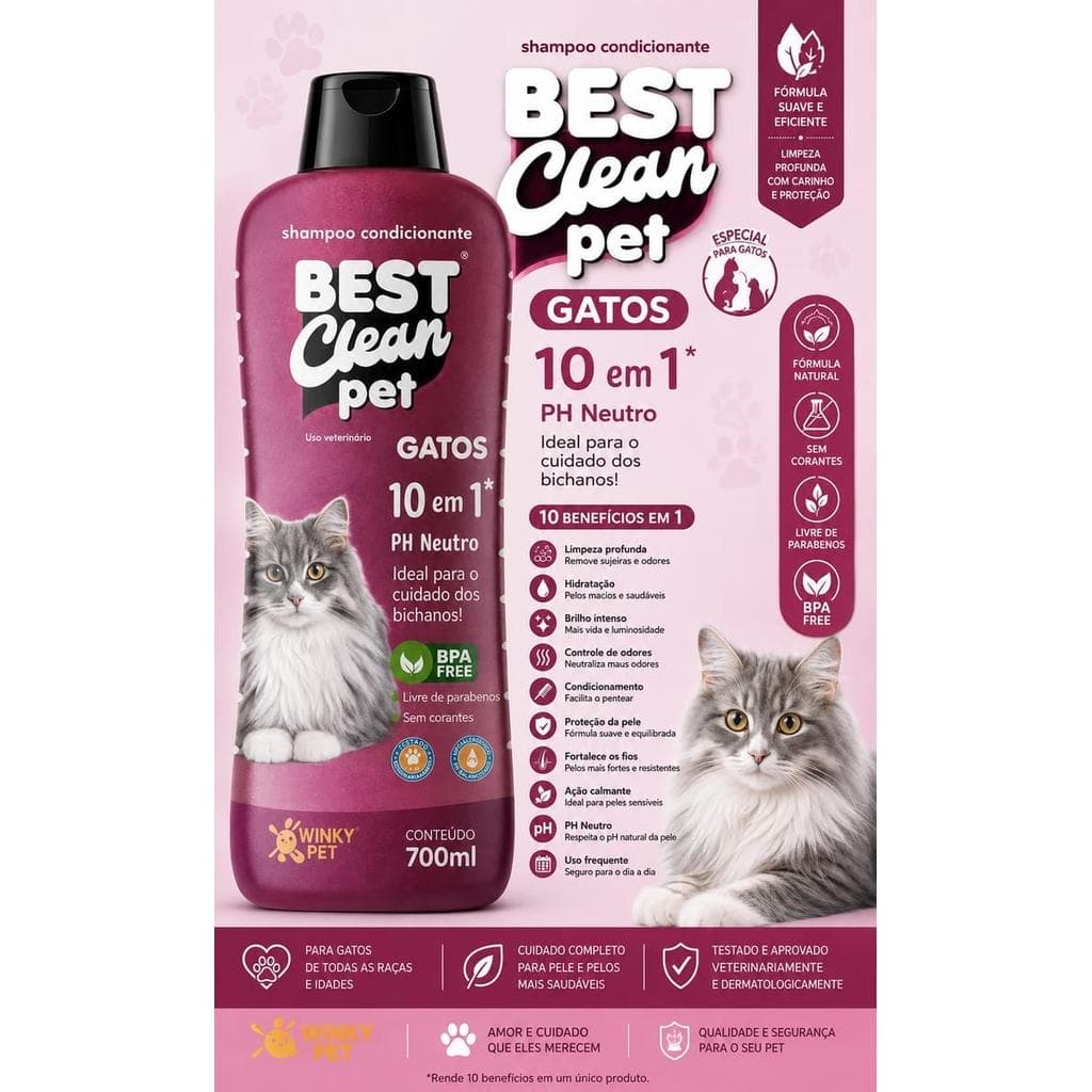 Shampoo Pet Para Gatos 10 em 1 700ml PH Neutro Sem Parabenos Best Clean Pet Original