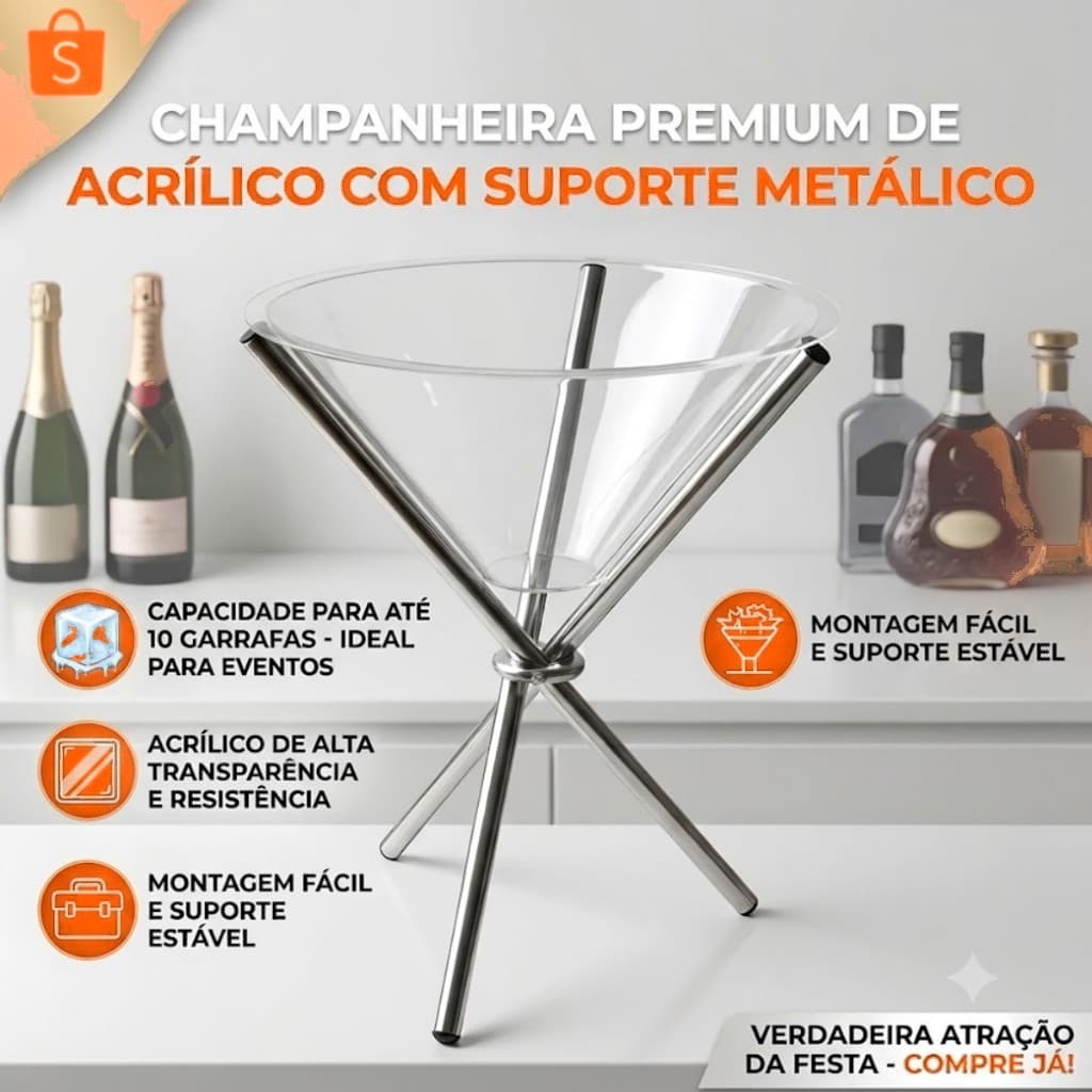 Champanheira Acrílica Tripé Premium Kit 2 Unidades Suporte Metálico Balde Gelo