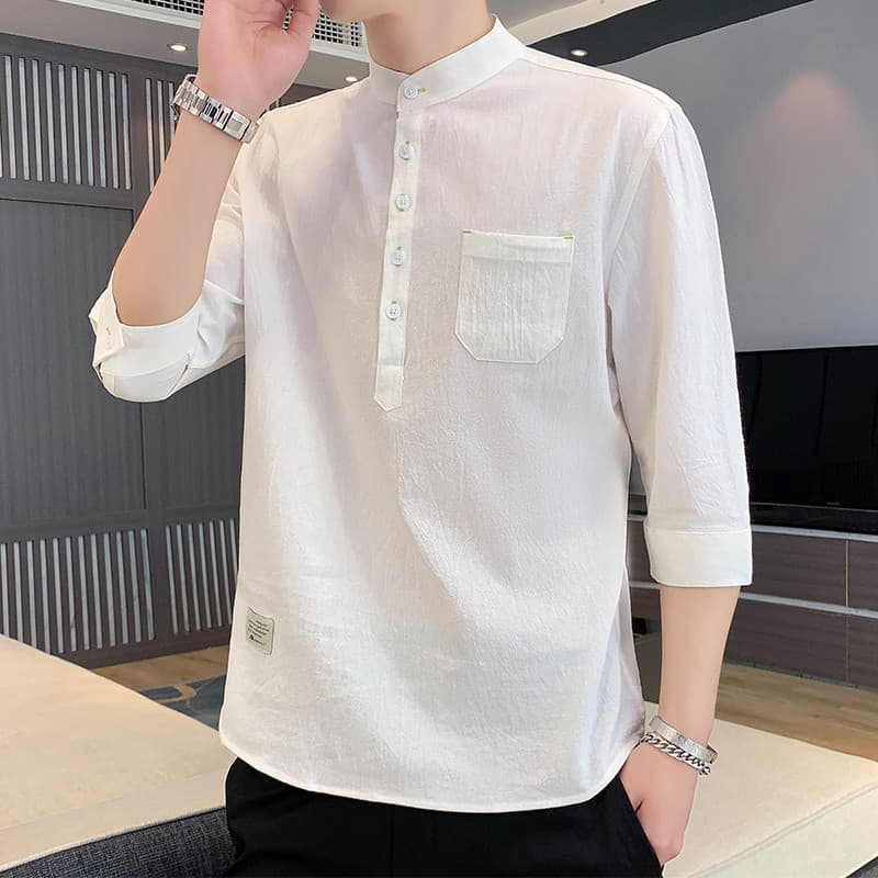 Verão camisa de manga de três quartos masculina versão coreana na moda algodão linho meia manga camisa de linho branco t