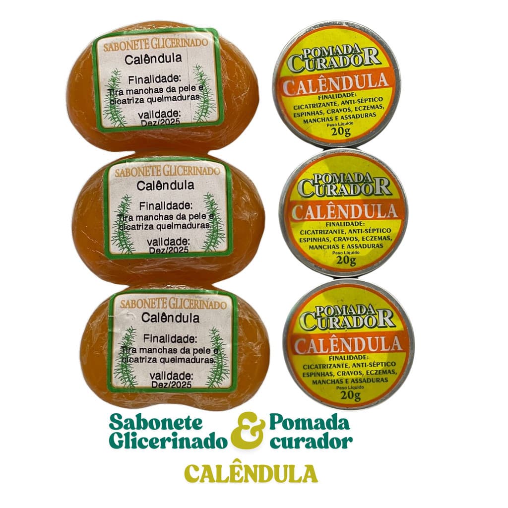 Kit 3 Pomadas e 3 Sabonetes Calêndula Glicerinado Extra Forte Sarna Micose e Coceira