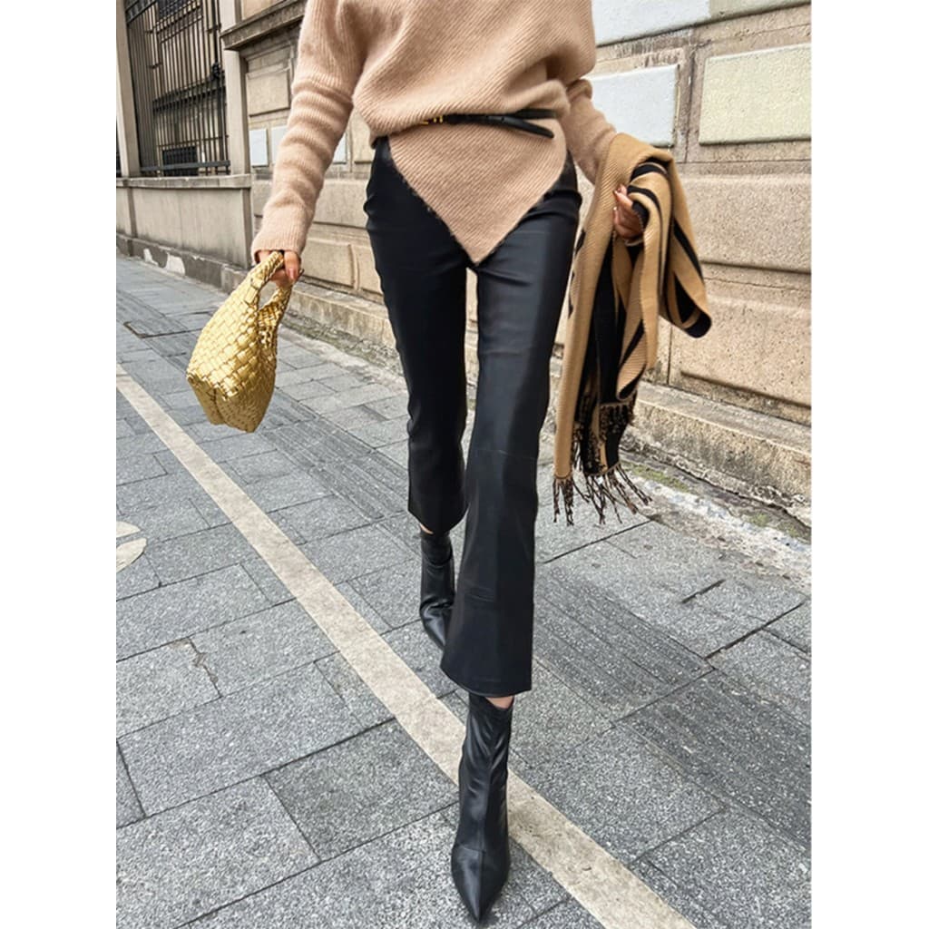 Calças de couro pretas até o tornozelo Leggings femininas estilo outono inverno produtos europeus 2026 calças de couro d