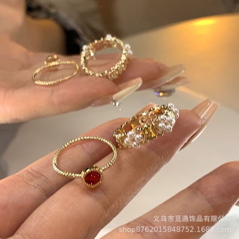 Estilo retrô francês~Anéis empilháveis para mulheres, anel de dedo indicador personalizado com flor de pérola, de luxo l