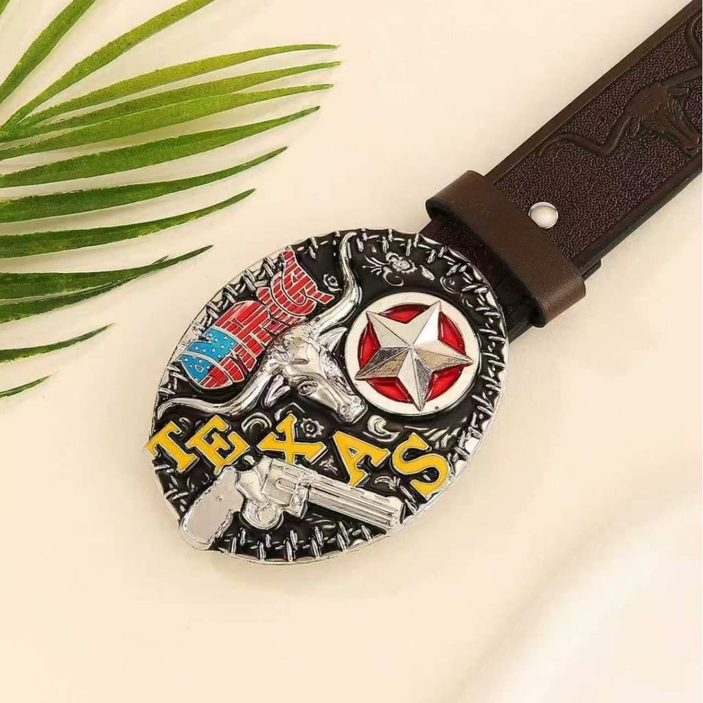 Cabeça de touro de chifre longo estrela de cinco pontas elemento pistola rolo grama em relevo cinto ocidental Retro Deni