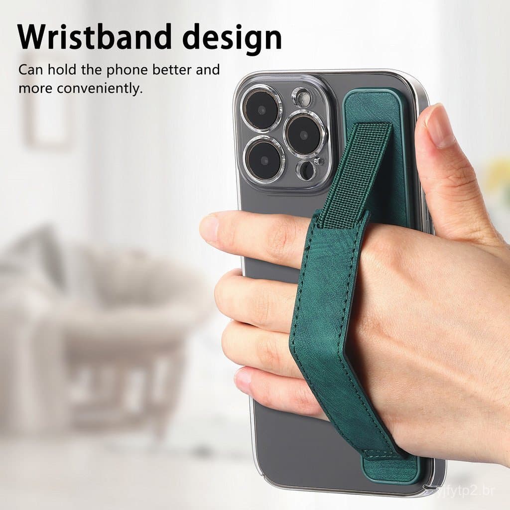Suporte Universal para Telefone com Alça de Pulso de Couro - Suporte de Anel para Telefone com Base Adesiva