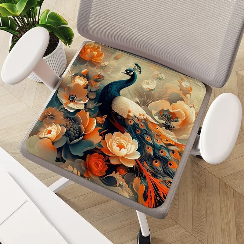 Nova almofada de cadeira estilo chinês com padrão de flor de pavão, respirável para o verão, absorvente de suor, lavável