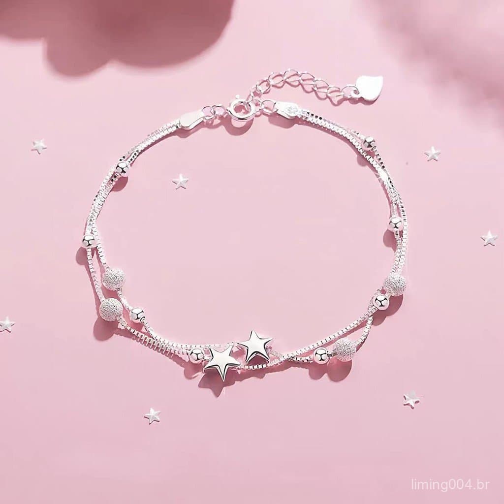 Pulseira fosca com contas redondas, banhada a prata 925 com duas camadas de estrela presente para namorada ou amante