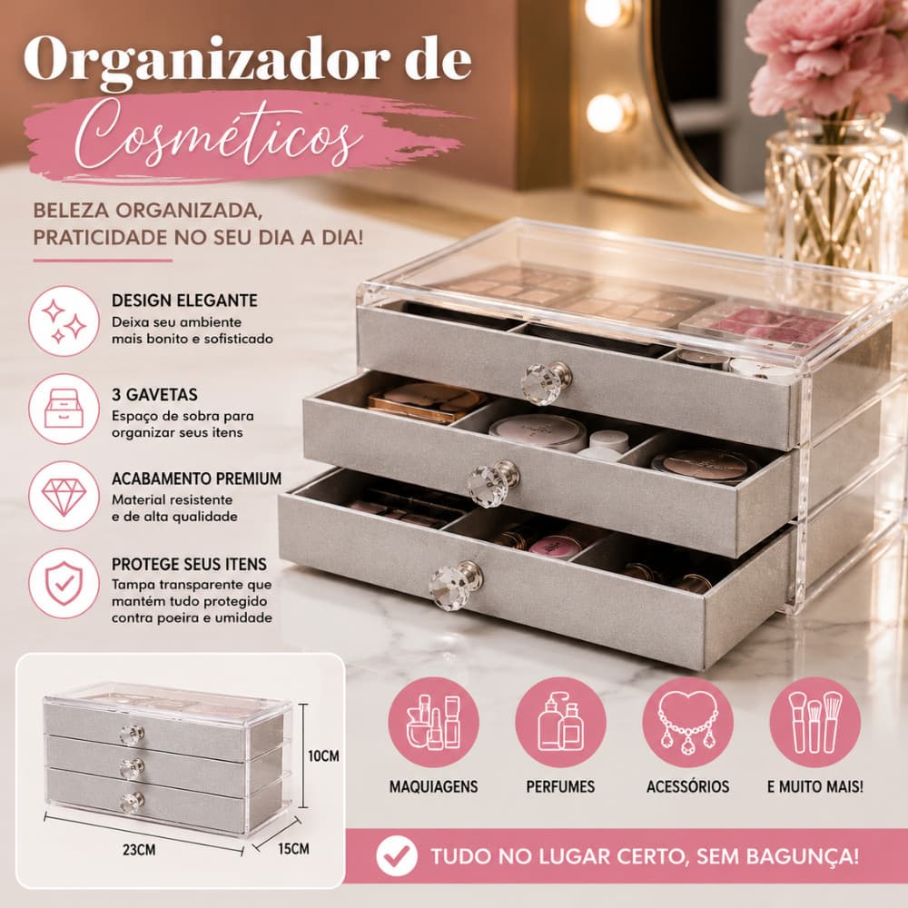 Organizador de Maquiagem Cosméticos 3 Gavetas com Tampa Porta Joias Perfumes Acessórios Organizador de Bancada