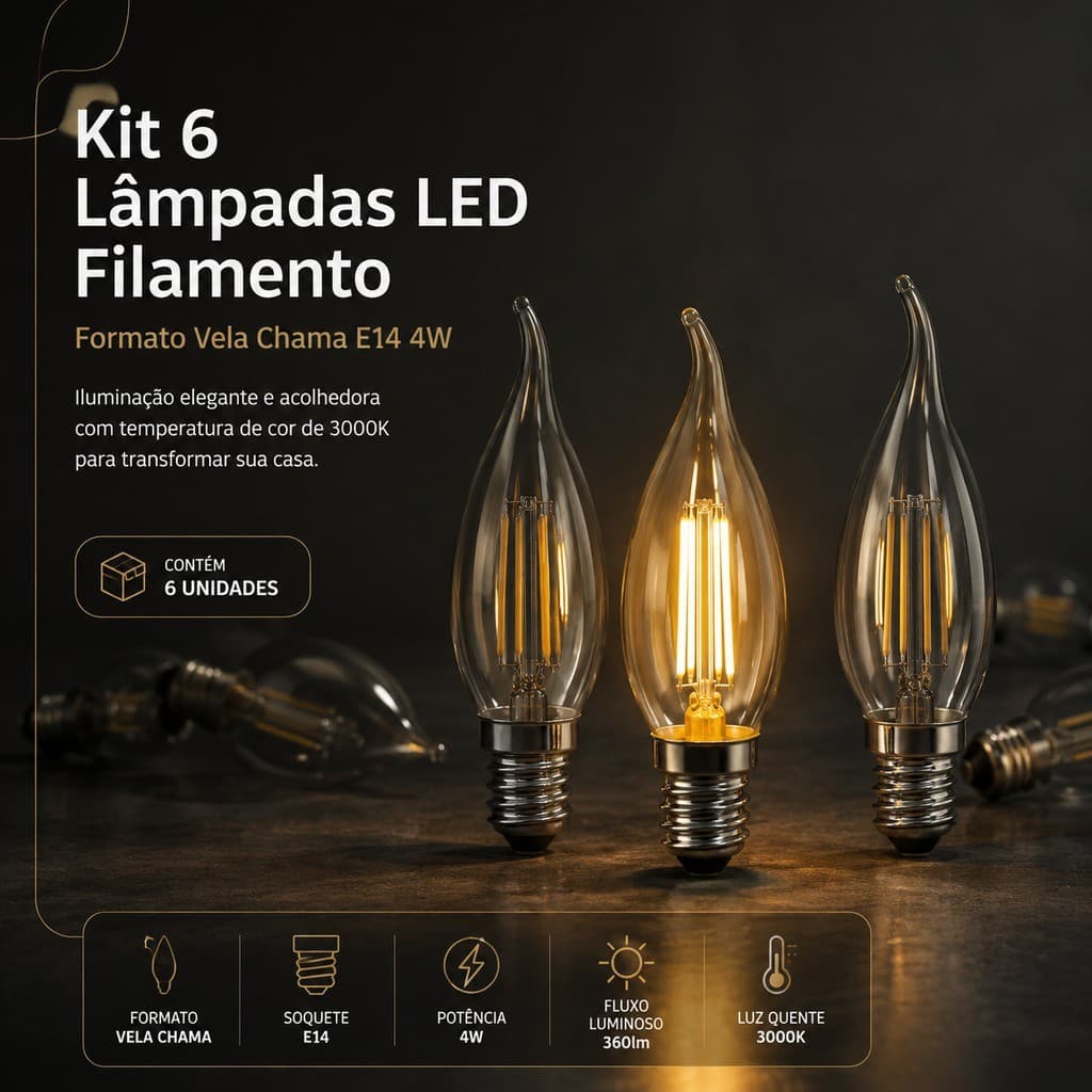 Kit 6 Lampadas Led Filamento Vela Chama 4w E14 3000k Branco Quente