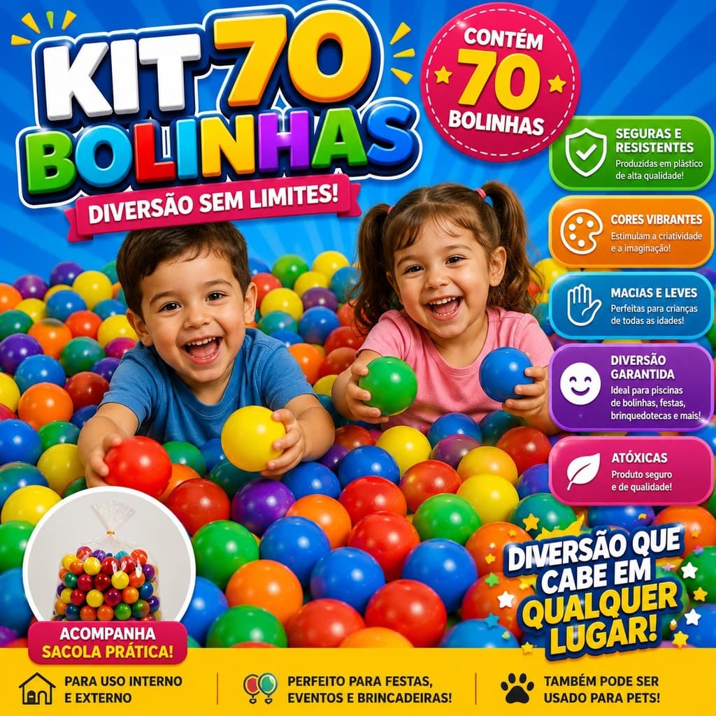 Kit 70 Bolinhas Coloridas Infantil para Piscina de Bolinhas Brinquedoteca Festas Piscinas e para Pet