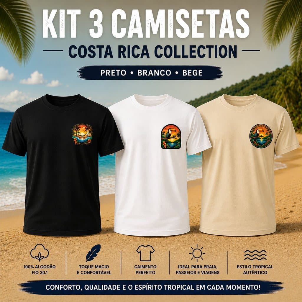 Kit 3 Camisetas Praia & Natureza Tropical Style Costa Rica Collection