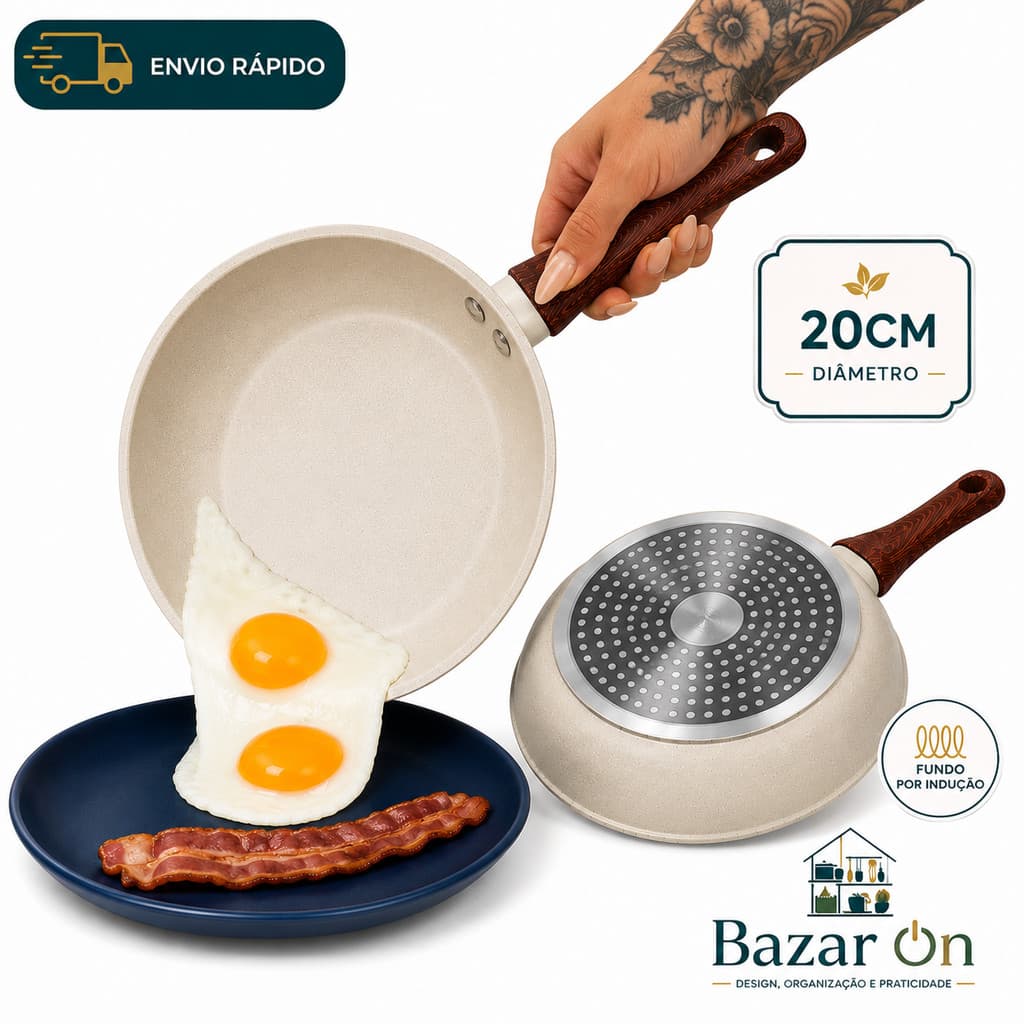 Frigideira Grande 20cm Antiaderente Não Gruda Panela Por Indução Fogão Elétrico Cabo Madeira