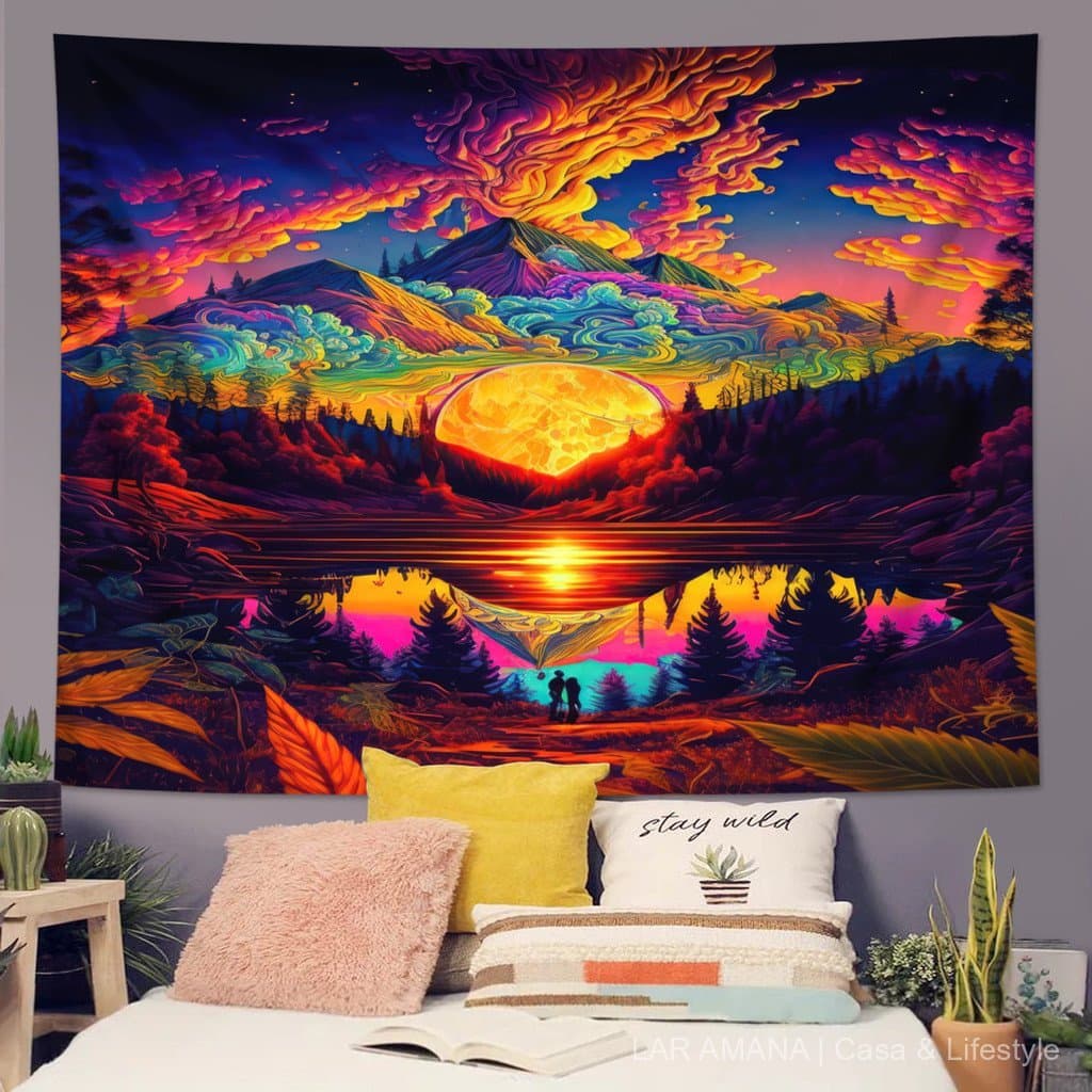 Tapeçaria de Paisagem com Cogumelos Fluorescentes, Tapeçaria de Cenário Fantástico com Luz Negra UV, Tecido de Fundo par