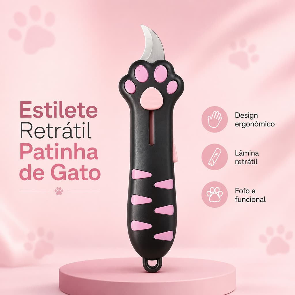 Mini Estilete Retrátil Patinha de Monstrinho Fofo para Papelaria, Artesanato e Unboxing