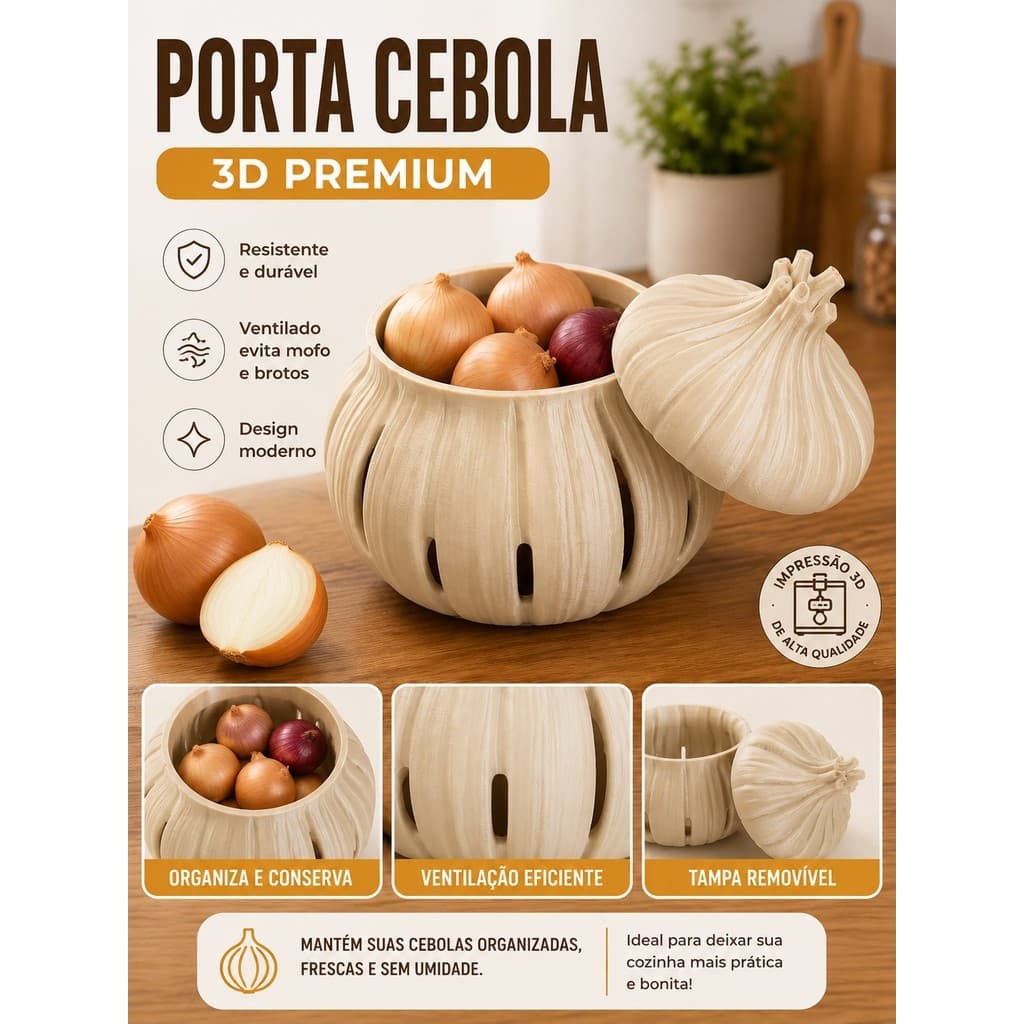 Porta Cebola Decorativo 3D com Tampa Ventilado Organizador de Cozinha