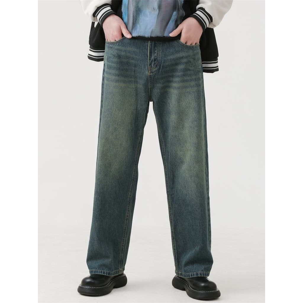 Retro na moda calças de perna reta angustiado estilo americano rufião bonito High-End calças Jeans masculino solto perna