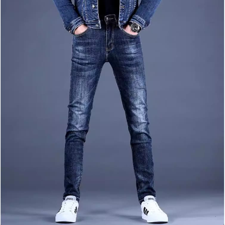 T na moda azul Jeans masculino magro-ajuste calças magras na moda marca versão coreana masculino All-match estiramento C