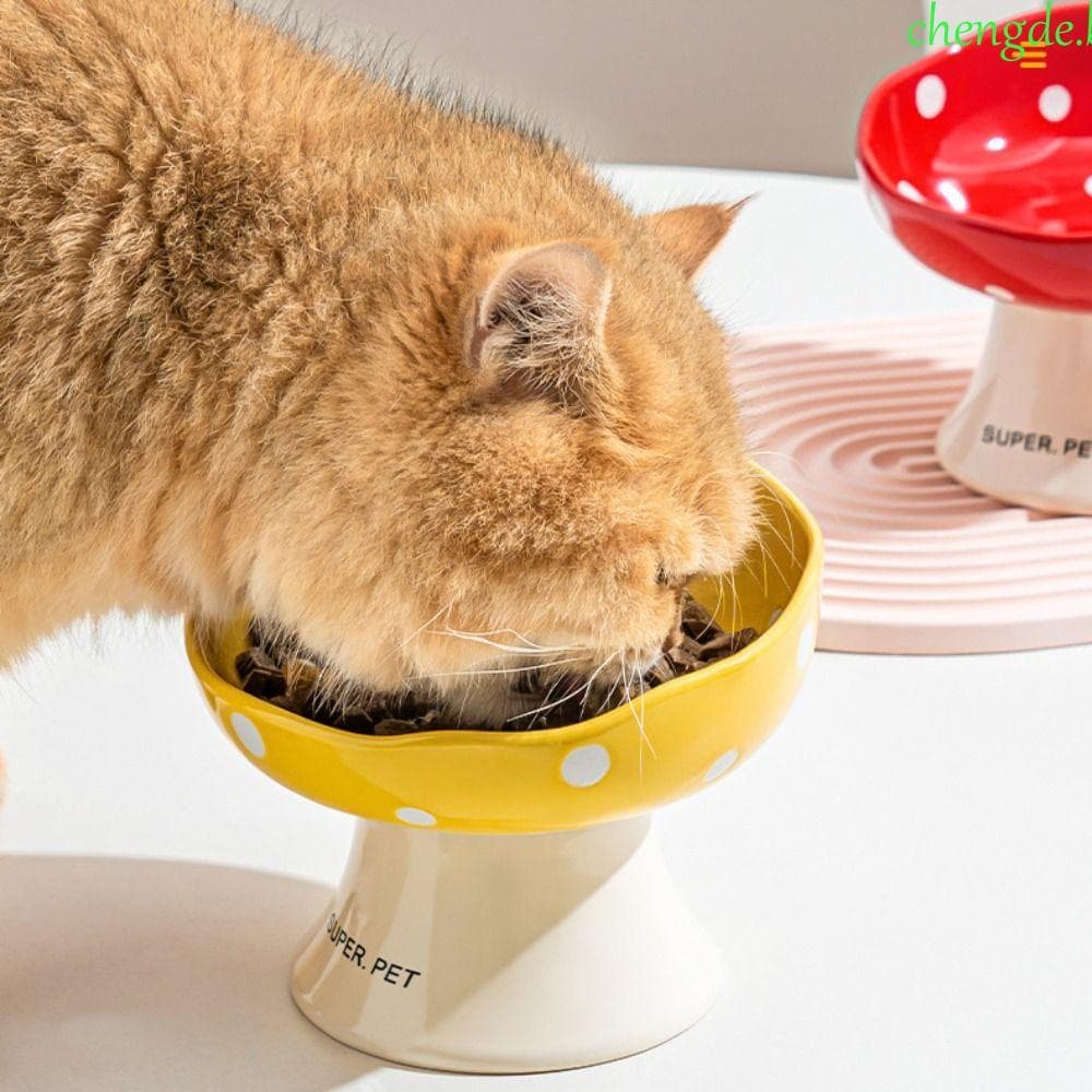 Tigela De Pé Alto Para Animais De Estimação CHENGDEBR , Gato De Cogumelo Fofa De Boca Inclinada , Alimentador Anti-Tomba