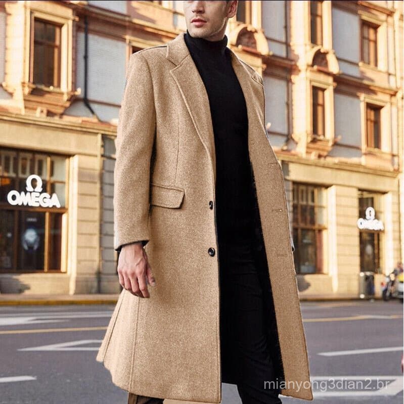 Casaco De Lapela Longo Para Homens , Gola , Fecho Frontal Frente E Verso , Roupa Casual , Sobretudo , Mistura De Algodão
