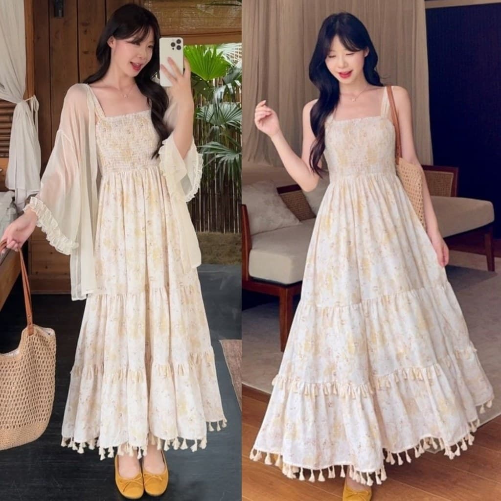 Tamanho grande viagem férias Floral estilingue vestido Cardigan dois conjuntos gordura mm estilo sentido Pastoral praia