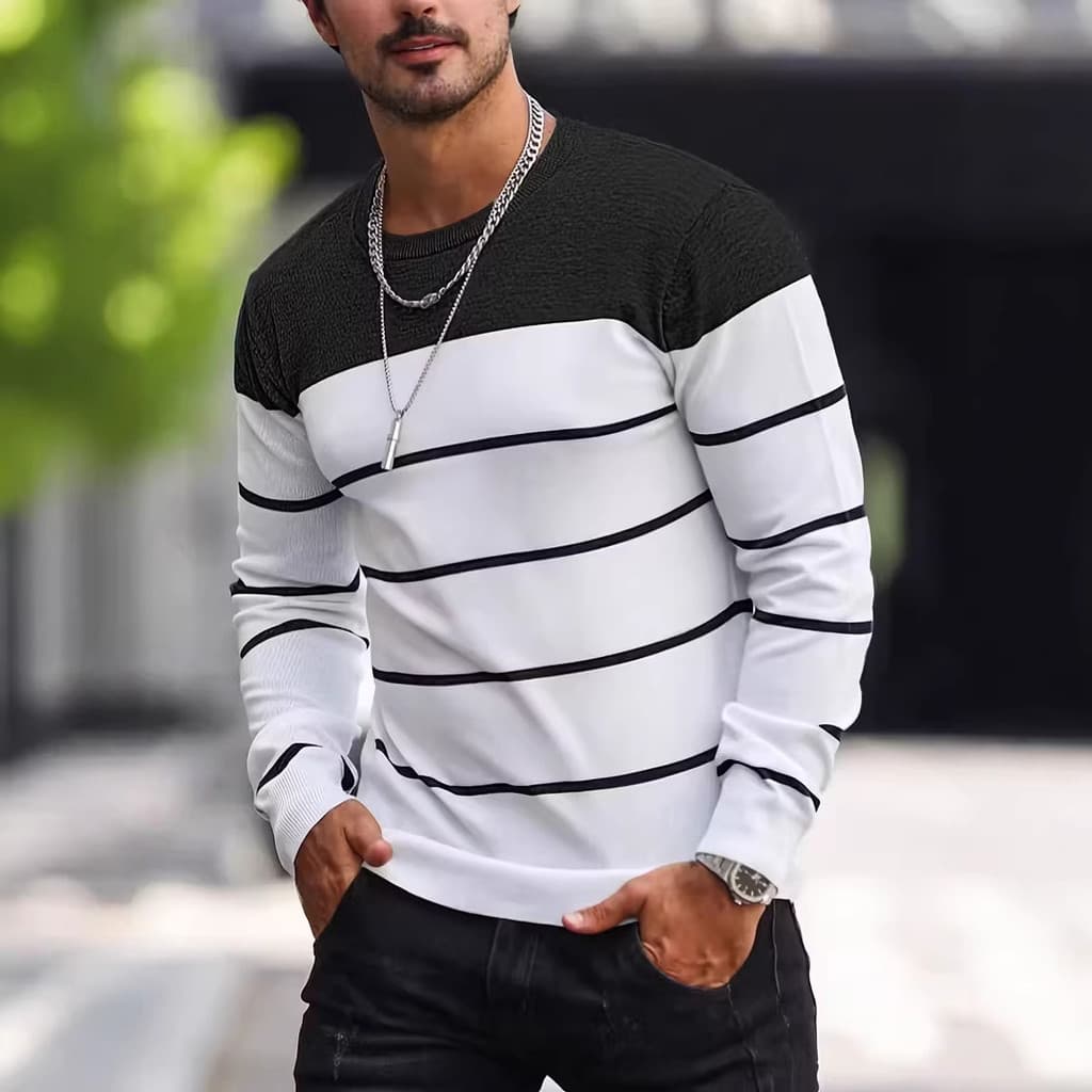 Camiseta masculina casual de manga longa com gola redonda, listrada, nova para primavera e outono, moderna.