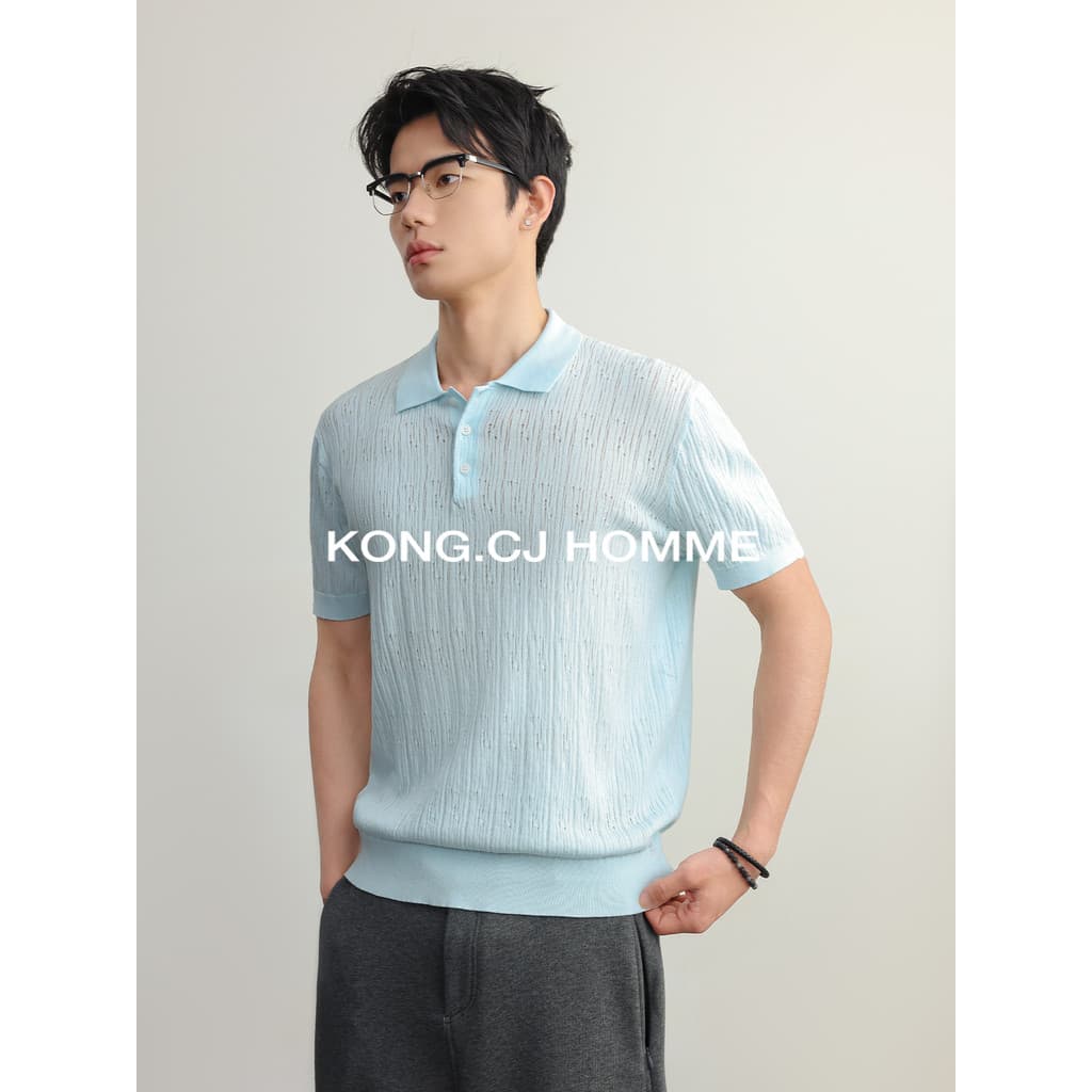 KCJ Lyocell Tencel legal respirável oco malha POLO camisa de manga curta masculina verão novo estilo Casual camiseta