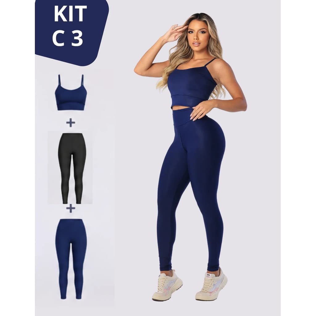Roupa Fitness Feminina Top + 2 Leggings 1 Brinde P/ Academia AFD
