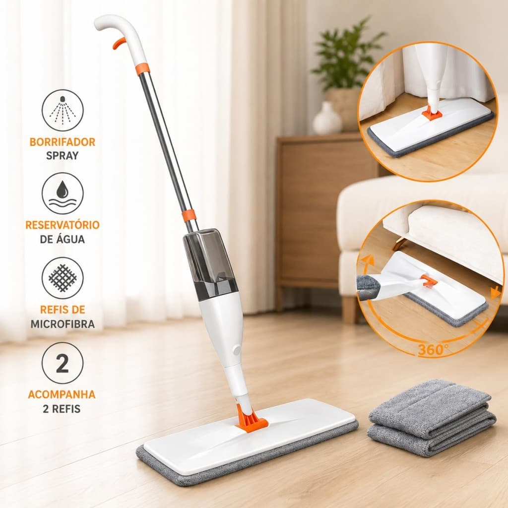 Mop Spray Multifuncional com Borrifador e Reservatório de Água Rodo Mágico com Refil de Microfibra para Limpeza
