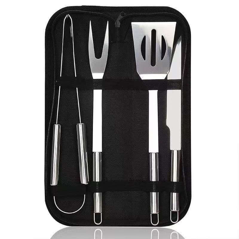 Kit Churrasco 4 Peças com Estojo Portátil Garfo Faca Espátula Pegador Inox para Churrasqueira