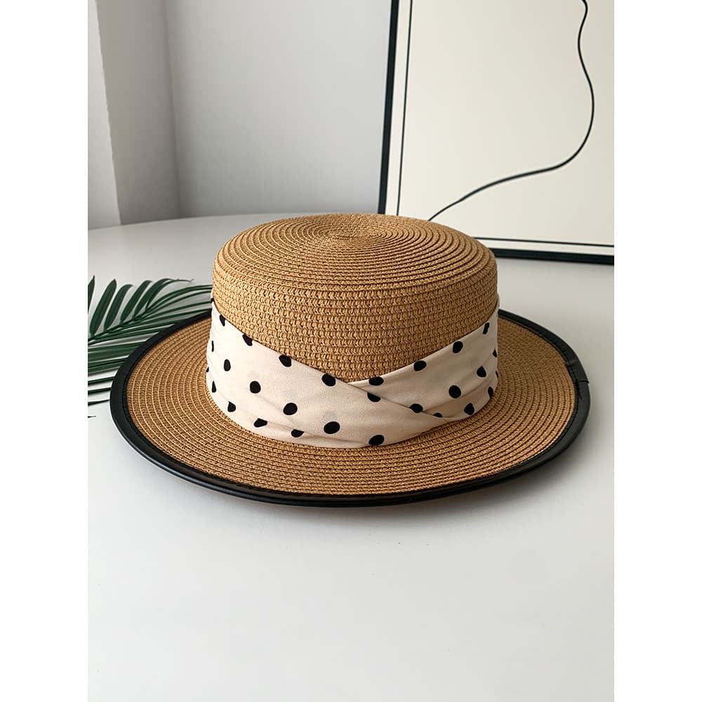 Chapéu de palha francês de topo plano feminino verão protetor solar chapéu de sol moda bolinhas chapéu superior à beira-
