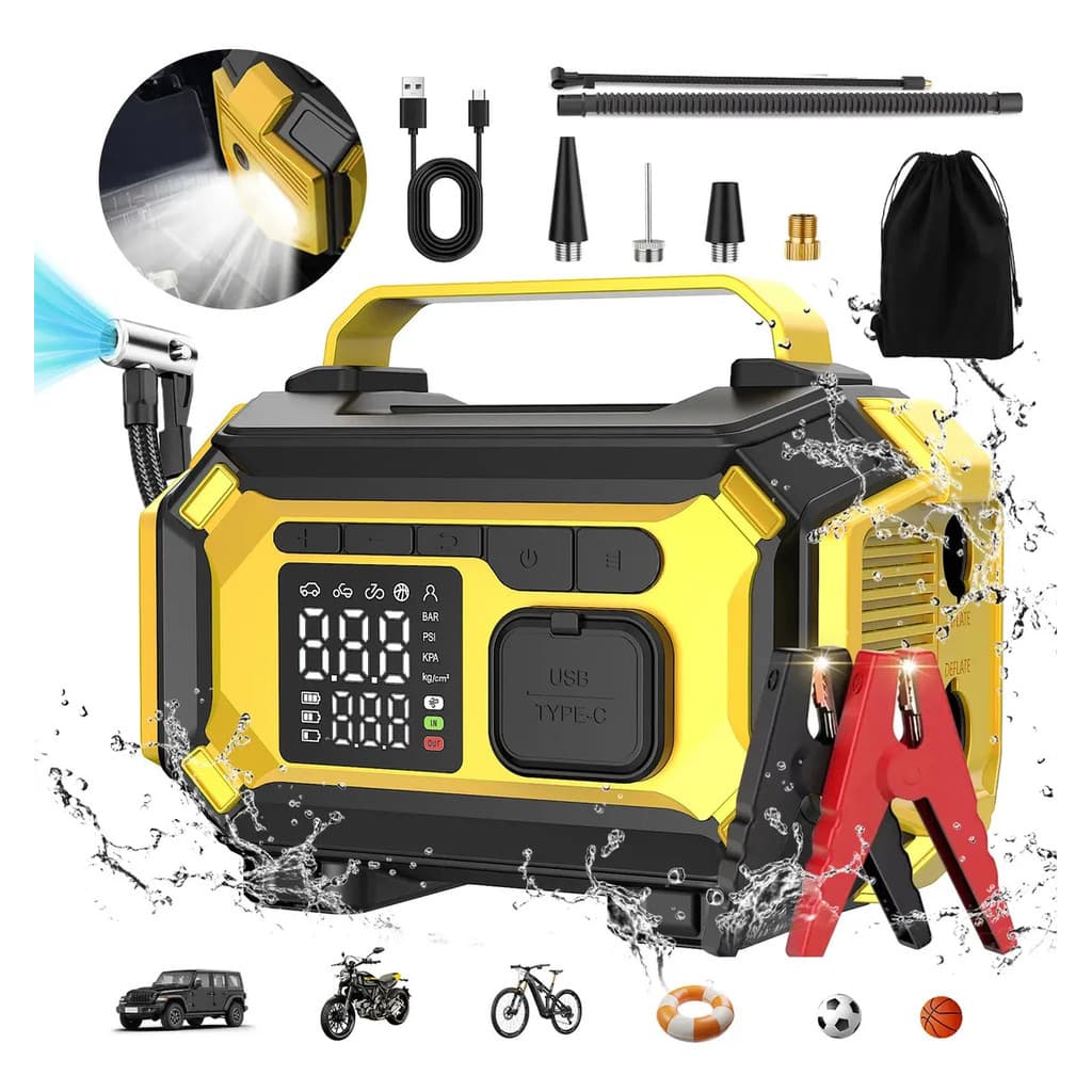 Auxiliar De Partida E Compressor De Ar Kit Emergência 6 Em 1 Arrancador De Bateria Portátil Carro Caminhão Jump Starter