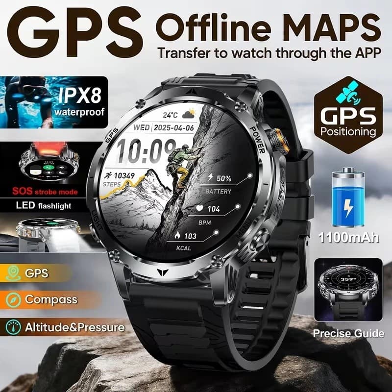 2026 Novo Relógio Inteligente Masculino Ao Ar Livre GPS Bússola Lanterna LED Monitoramento De Saúde Bluetoothchall IPX8