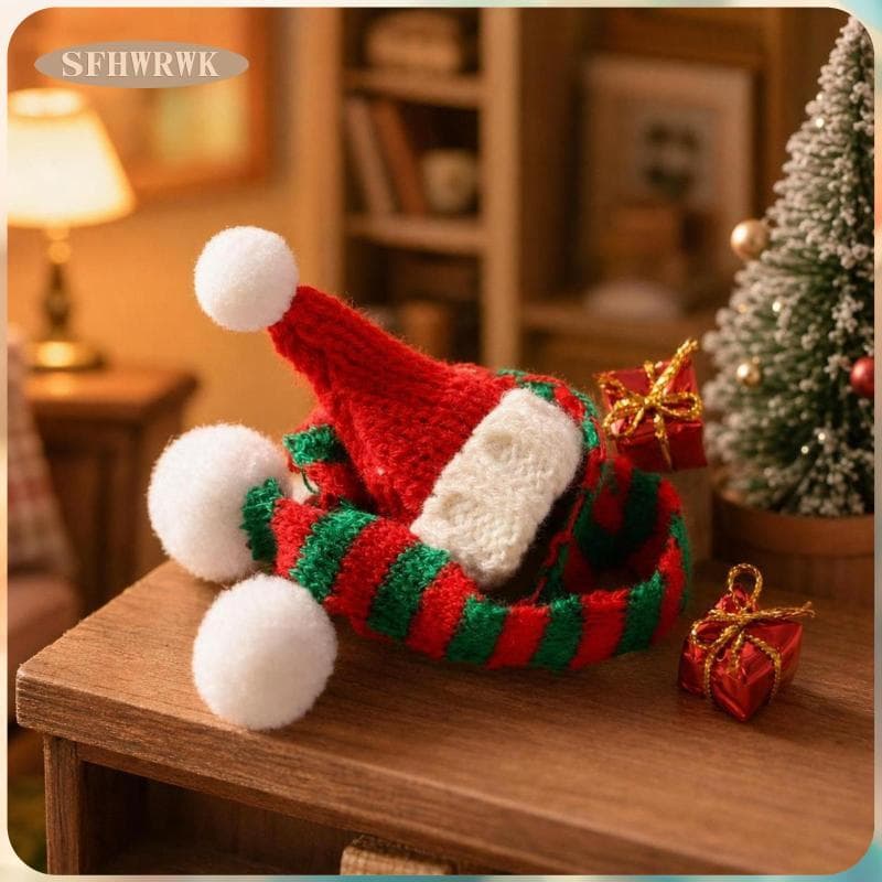 [Fhwrwk] Pequeno Chapéu De Natal Para Acessórios De Casa De Bonecas Gorro De Malha Em Miniatura Escala 1 24 Com Lenço E